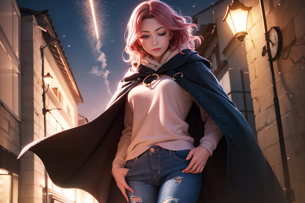 The image is of a young woman with pink hair and blue eyes. She is wearing a white sweater, blue jeans, and a black cape. She is standing in a street with a building to her right and a street lamp behind her. There is a shooting star in the sky. The woman is looking at the shooting star.