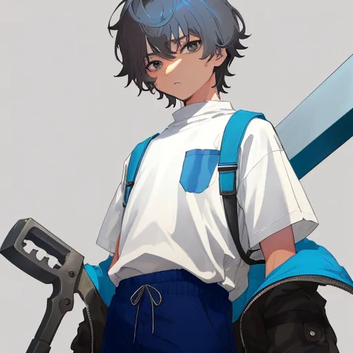 The image is of a young boy with blue hair and brown eyes. He is wearing a white shirt, blue shorts, and a blue jacket. He is also wearing a backpack and carrying a large wrench. The boy has a determined expression on his face, and it looks like he is ready to face any challenge that comes his way.