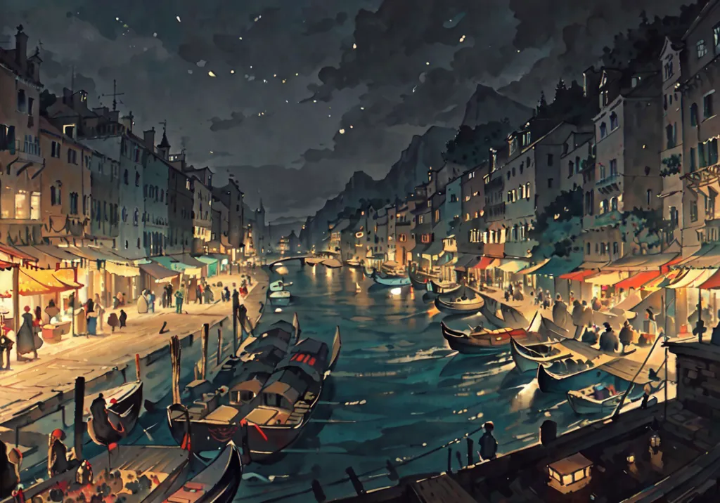 The image is a painting of a canal in Venice at night. The canal is lined with buildings and there are gondolas on the water. The sky is dark and there are stars in the sky. There are people walking on the streets. The painting is in a realistic style and the colors are muted.