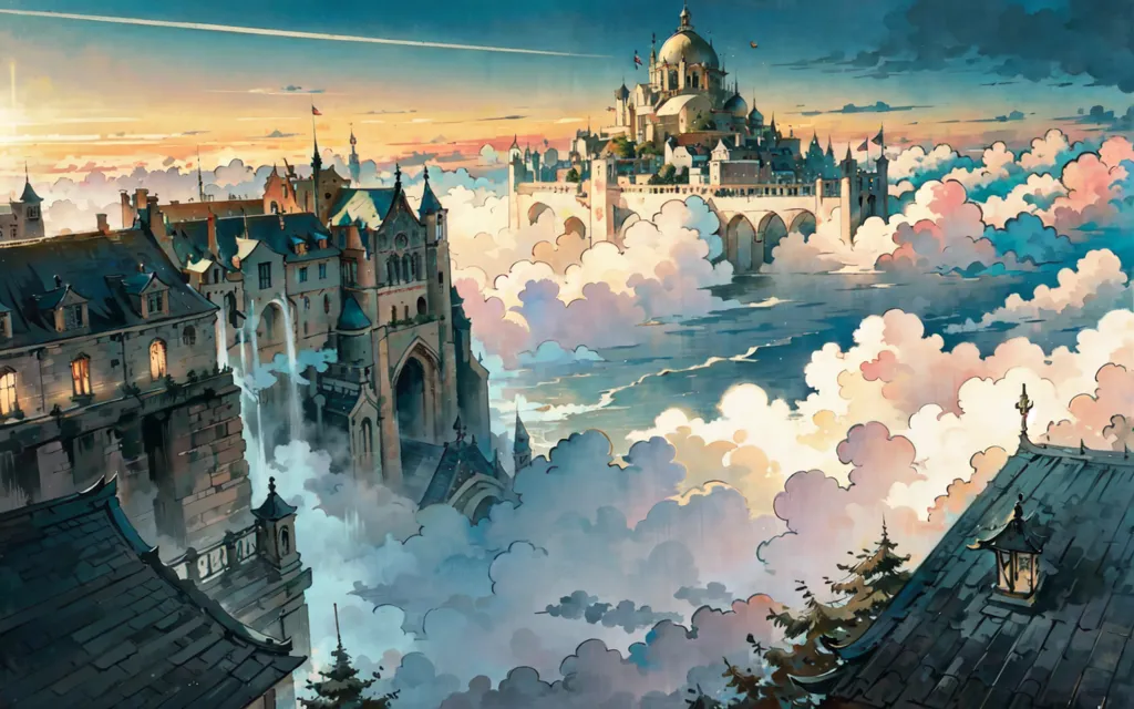 The image is a painting of a city in the sky. The city is built on a series of floating islands, and there are clouds all around it. There are many different buildings in the city, including castles, towers, and houses. There are also trees and other plants growing on the islands. The sky is a gradient of orange and blue, and there are some clouds in the sky. The painting is very detailed, and it looks like it was painted by a very talented artist.