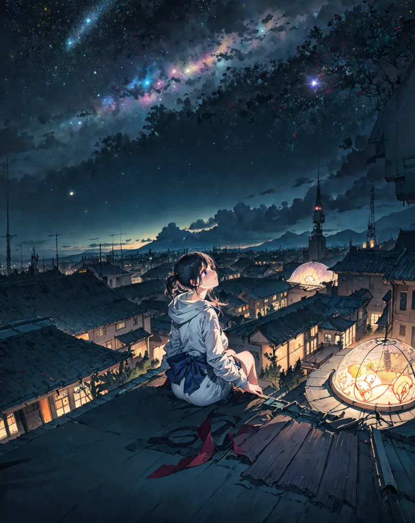 La imagen es una hermosa ilustración de estilo anime de una chica sentada en un tejado por la noche. La chica lleva un kimono blanco con un cinturón azul y tiene el cabello largo y oscuro. Está mirando hacia el cielo nocturno, que está lleno de estrellas y algunas nubes. La ciudad se encuentra en el fondo y está iluminada por las luces de los edificios. Hay una gran esfera brillante en el techo junto a la chica. La imagen es muy tranquila y serena.