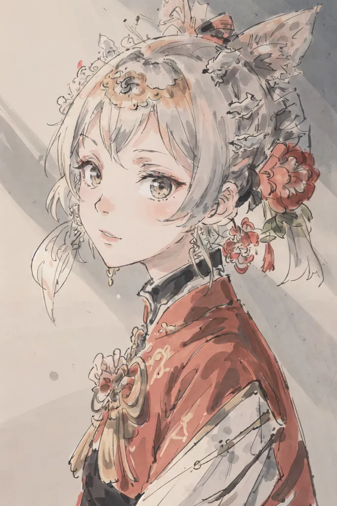 The image is a digital painting of a young woman with white hair and yellow eyes. She is wearing a red cheongsam with white and gold trim and has a flower in her hair. The background is a light grey. The woman is looking at the viewer with a gentle smile on her face.