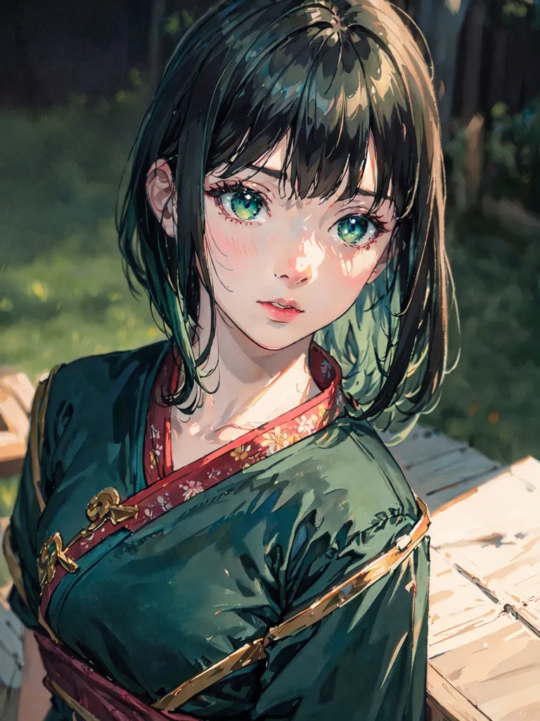 A imagem é um retrato de uma jovem mulher com longos cabelos verdes e olhos verdes. Ela está usando um quimono tradicional japonês com uma faixa obi vermelha. O fundo é um borrão de folhas verdes. A expressão da mulher é de calma e serenidade.