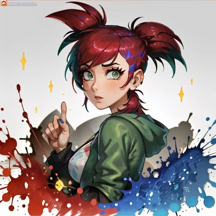 The image is of a young woman with red hair and green eyes. She is wearing a green hoodie and a white shirt. She is pointing with one finger to her right. There are paint splatters in the background.