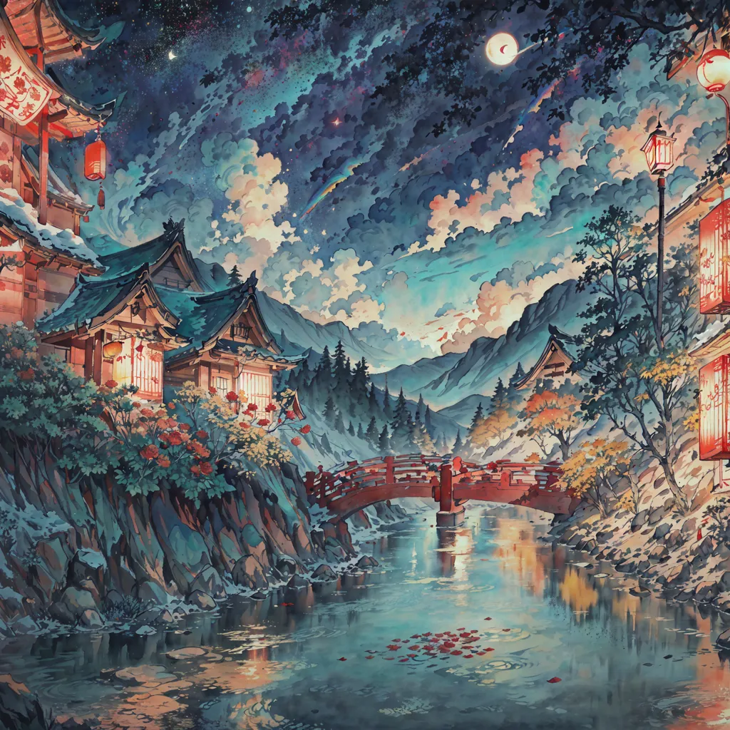 The image is a beautiful depiction of a traditional Japanese village. The village is nestled in a valley between two mountains. A river runs through the middle of the village, and there is a bridge over the river. The houses in the village are made of wood and have tiled roofs. The image is done in a watercolor style, and the colors are soft and muted. The overall effect is one of peace and tranquility.