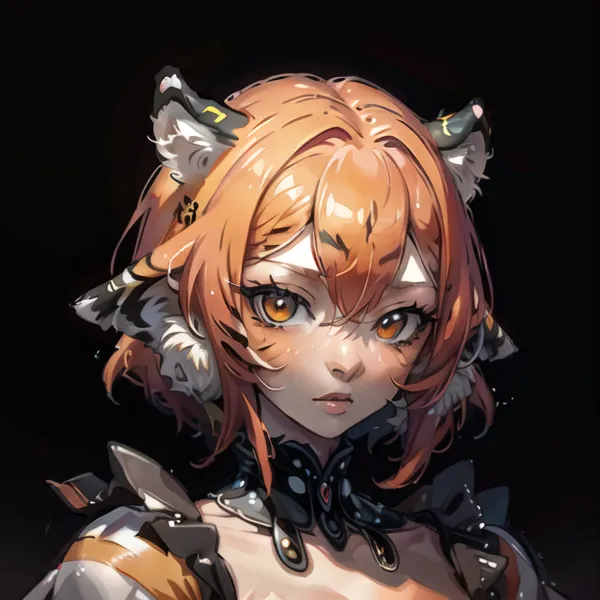 The image is a portrait of a young woman with tiger ears and orange hair. She is wearing a black and gold choker and a white dress with a black corset. The background is black. The woman's eyes are yellow and she has a beauty mark under her left eye. She is looking at the viewer with a serious expression.