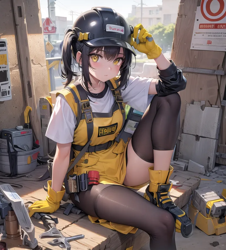 The image depicts an anime-style girl with black hair and yellow eyes. She is wearing a black hard hat, a white shirt, a yellow tool belt, and black gloves. She is also wearing black stockings and brown boots. She is sitting on a pile of rubble and there are tools scattered around her. In the background, there is a wooden fence and a brick building. The girl is looking at the viewer with a slight smile on her face.