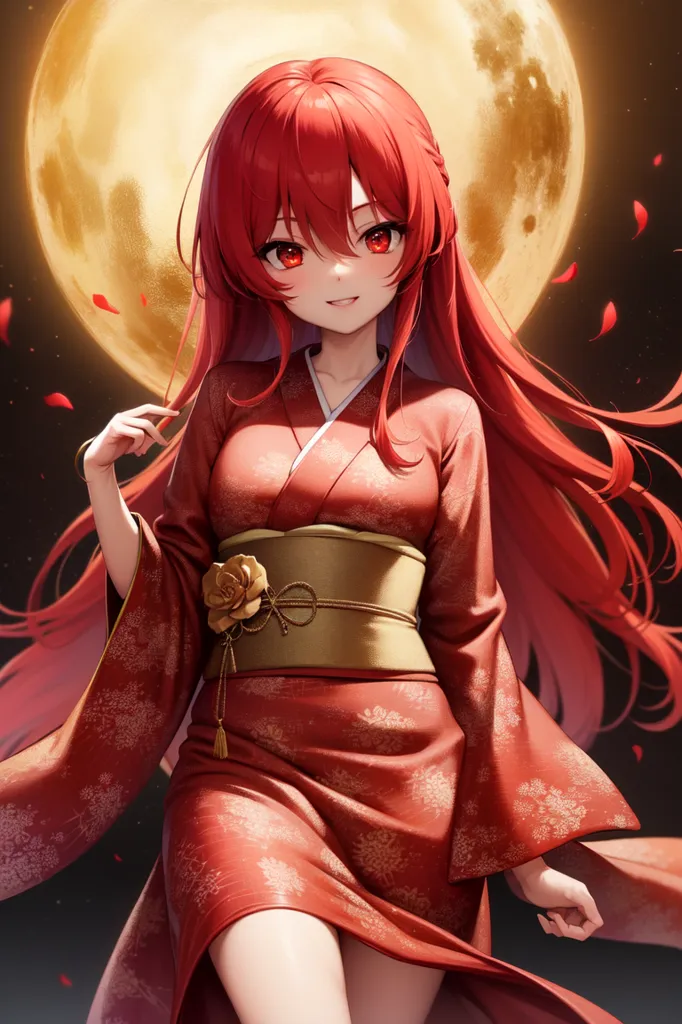 La imagen es un retrato de una mujer joven con cabello rojo largo. Ella está usando un kimono rojo con un obi blanco. La mujer está de pie frente a una luna llena. Hay pétalos de flores rojas cayendo a su alrededor. La mujer tiene una sonrisa suave en su rostro.