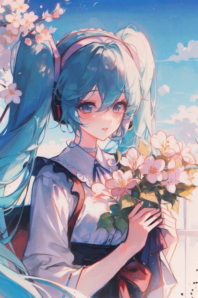 This is an illustration of a young woman with long, blue hair and blue eyes. She is wearing a white blouse and a black pinafore dress. She is also wearing headphones. The woman is standing in a field of flowers. There are white and pink flowers. The sky is blue and there are some clouds in the sky. The woman is smiling.