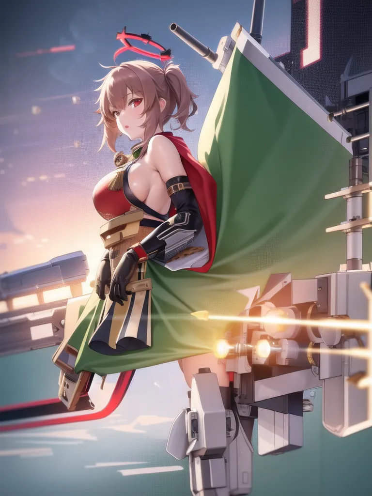 The image is an anime-style drawing of a young woman standing on a ship. She is wearing a red and green outfit and has brown hair and red eyes. She is also carrying a large gun. There are explosions happening in the background.