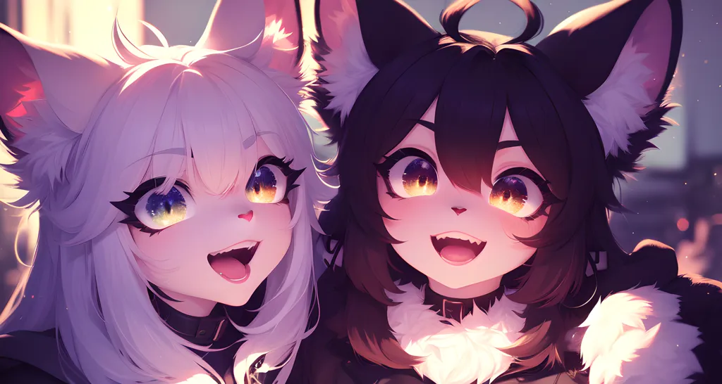 This is an image of two anime-style cat girls. The one on the left has white hair and blue eyes. She is wearing a black choker with a star on it. The one on the right has black hair and yellow eyes. She is wearing a white choker with a star on it. They are both smiling and have their mouths open. They are standing close together and look like they are posing for a picture. The background is a blur of light and dark colors.