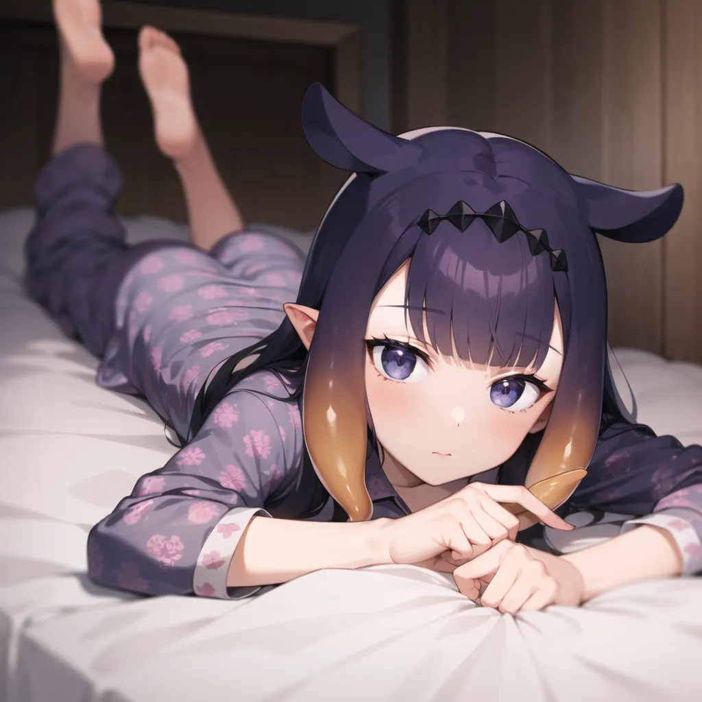 The image is of a young woman with purple hair and cat ears lying on a bed. She is wearing a pink and purple floral pajama top with matching pants. The woman has her chin resting on her crossed arms and is looking at the viewer with a slightly puzzled expression. Her feet are sticking out from the bottom of the blanket.