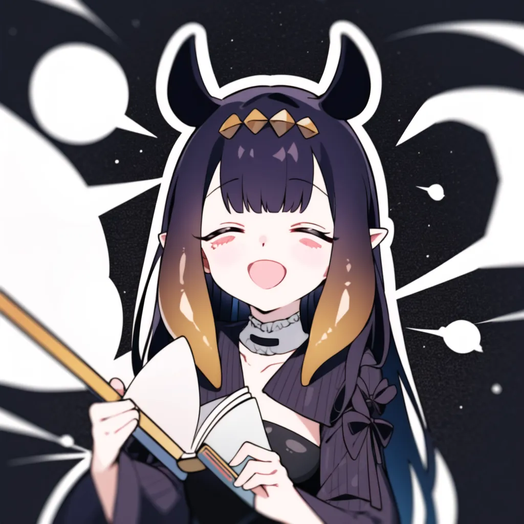 This is an image of a young woman with purple hair and horns. She is wearing a black dress with a white collar and a black choker. She is holding a book in her hands and is smiling happily. The background is dark with a pattern of white circles.