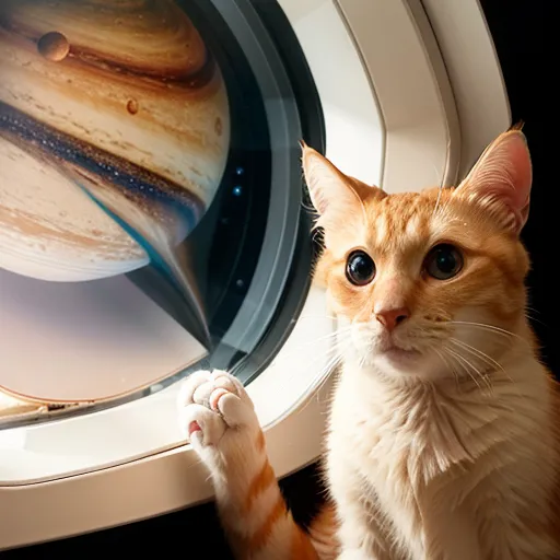 The image shows an orange cat sitting in front of a washing machine. The cat has one paw on the door of the washing machine and is looking at the camera. The washing machine is open and there is a planet behind it. The planet is Jupiter.