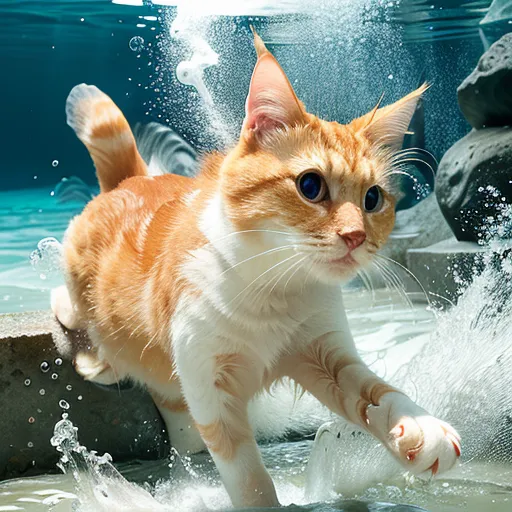 This is an image of an orange and white cat walking in shallow water. The cat has wide eyes and is looking at the camera. Its fur is wet and there are water droplets on its face. The water is clear and you can see the reflection of the cat on the surface. In the background, there are some rocks and plants.