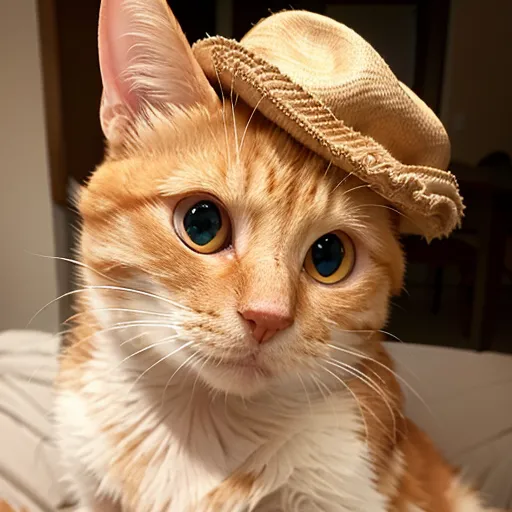 The image shows a ginger and white cat wearing a straw hat. The cat is looking at the camera with its big, round eyes. Its ears are perked up and its tail is wrapped around its paws. The cat is sitting on a bed, and there is a blurry background behind it.