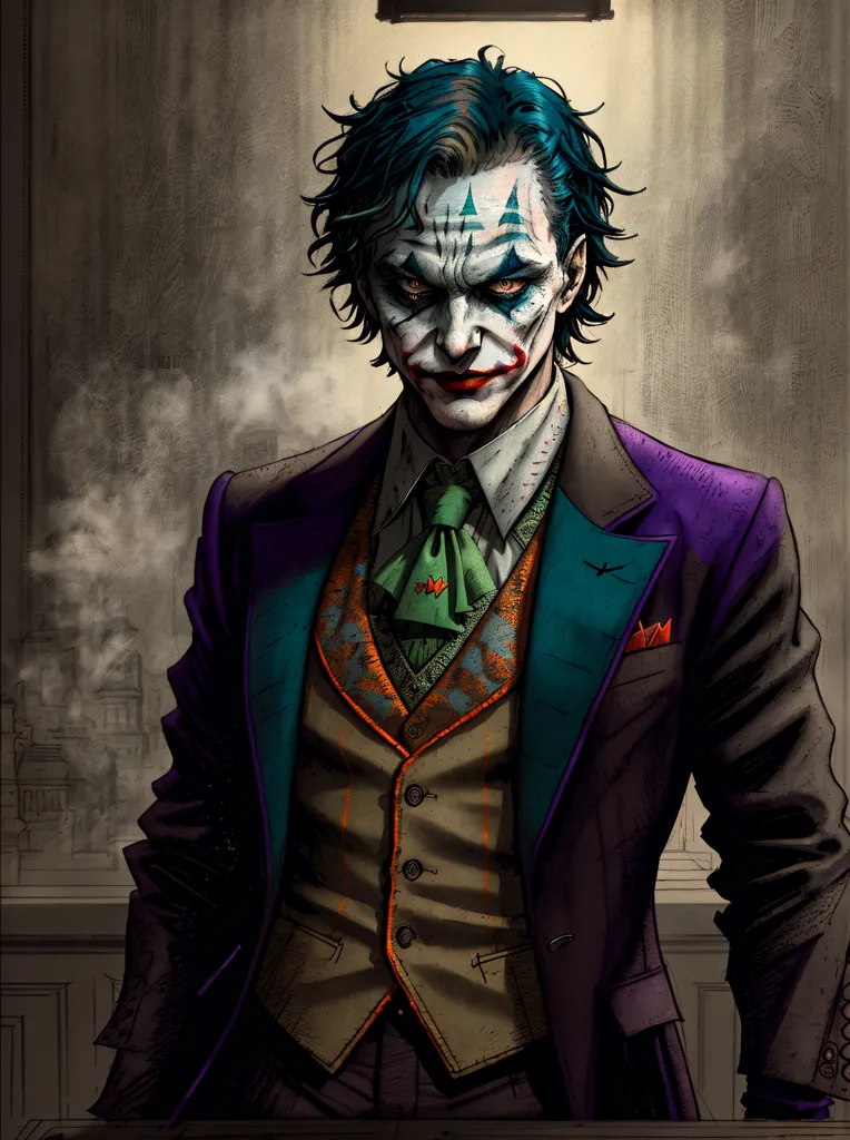 L'image est une peinture du Joker, un méchant des bandes dessinées de Batman. Il est représenté portant un costume violet et une cravate verte. Son visage est peint en blanc, avec un sourire rouge et du fard à paupières bleu. Il se tient devant un fond sombre, avec une lumière qui brille sur lui. La peinture est réalisée dans un style réaliste, et le Joker est dépeint comme un personnage beau mais sinistre.