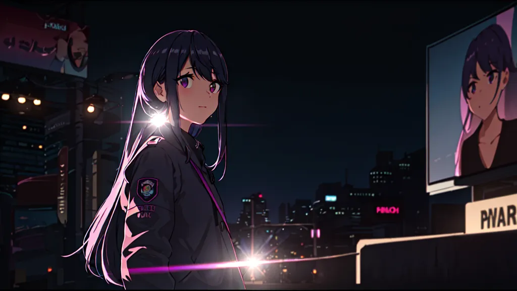 この画像は、前景に立っている少女を持つ、夜の街の通りの情景です。少女は黒のジャケットに紫のシャツを着ており、長い紫の髪をしています。彼女は、右側の画像にある自分の写真が掲載されたビルボードを見つめています。背景には建物や街灯もあります。この画像は暗く、ムーディーな色調で描かれています。