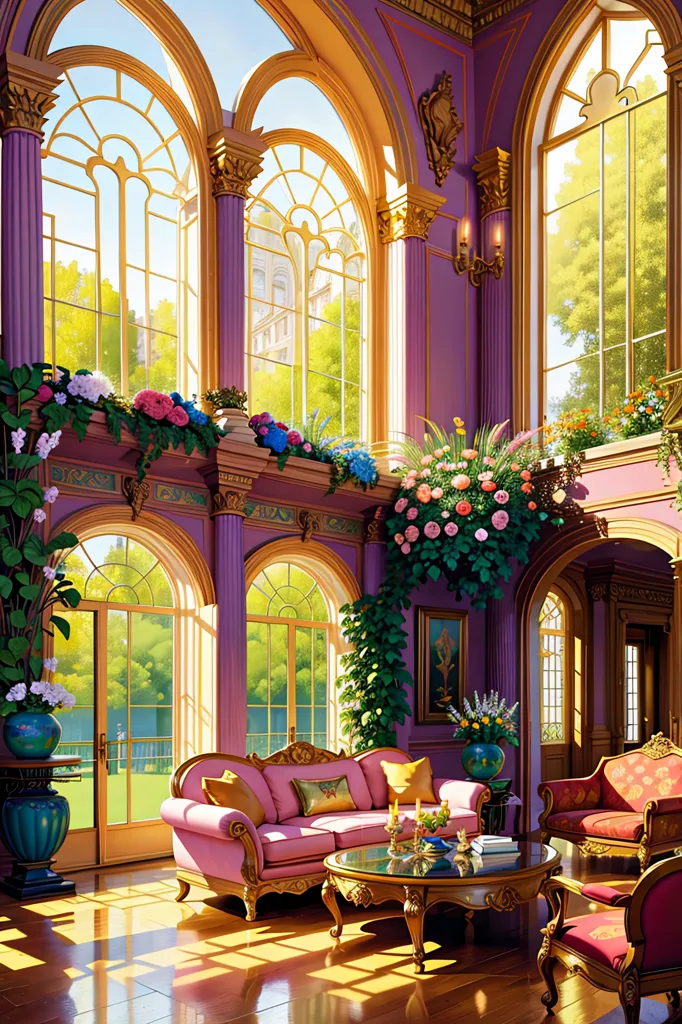 The image is a digital painting of a grand hall with a high ceiling and large windows. The hall is decorated in a purple and gold color scheme, with marble floors and columns. There are several sofas and chairs arranged in the hall, and the walls are decorated with paintings and sculptures. The hall is filled with sunlight, and there is a view of a garden outside the windows.