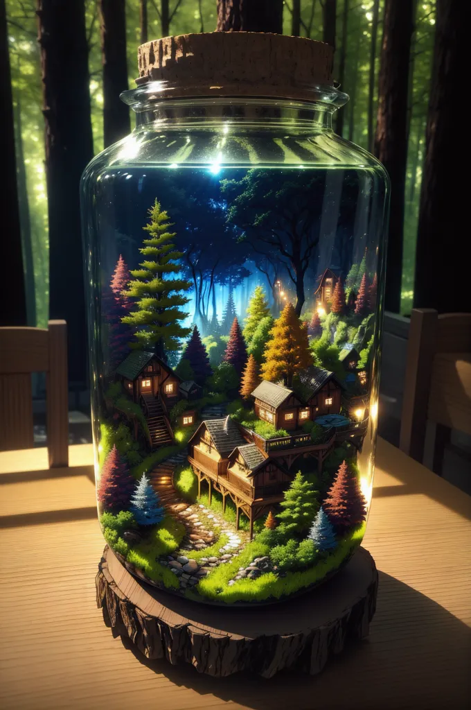 The image is a digital painting of a jar filled with a forest. The jar is sitting on a wooden table. The forest is made up of tall green trees, and there is a small house in the middle of the forest. The house is made of wood and has a brown roof. There is a path leading from the front door of the house to the edge of the jar. The path is made of small stones. There is a river running through the forest. The river is made of blue water and there are small rocks in the river. The sky is dark blue and there are stars in the sky. The image is very detailed and realistic.