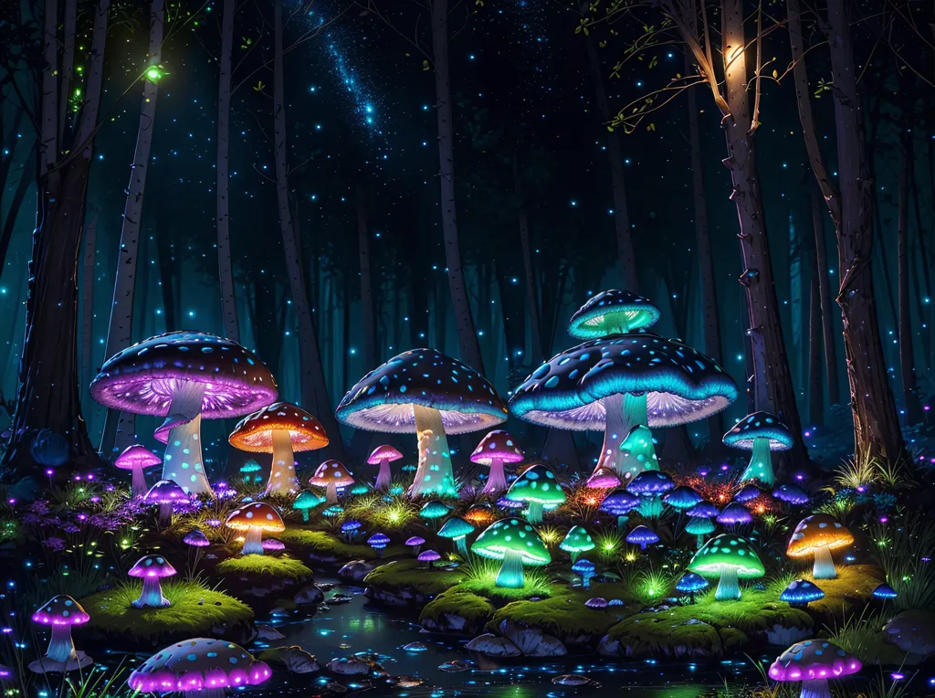 The image is a depiction of a magical forest at night. The forest floor is covered in glowing mushrooms of various sizes and colors. There is a river running through the forest, and the trees are tall and imposing. The sky is dark and starry, and there is a faint mist in the air. The overall atmosphere of the image is one of mystery and enchantment.