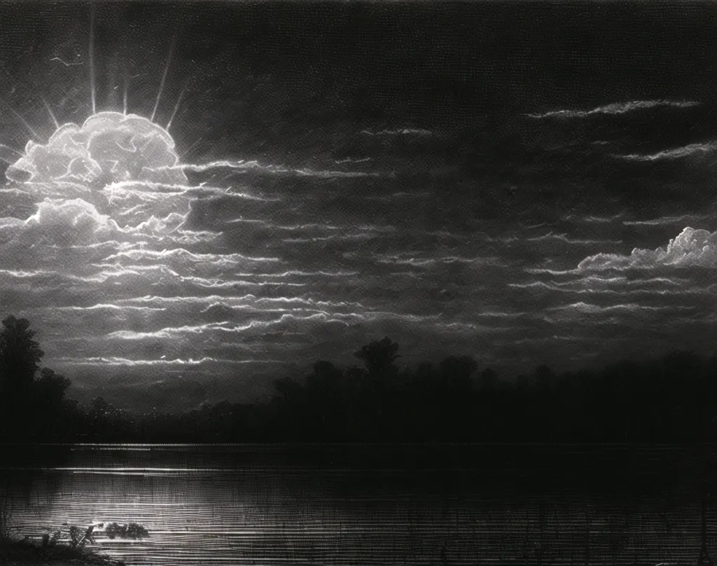 The image is a mezzotint of a night scene. The sky is filled with clouds that are illuminated by the moon. The moon is not visible in the image, but its light is reflected on the clouds. The clouds are very detailed and the artist has used a variety of techniques to create a sense of depth and atmosphere. The water is very calm and still. The only other light in the image is coming from a few stars in the sky. The image is very peaceful and serene.