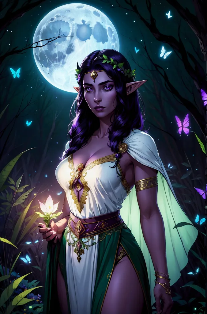 Cette image montre une femme elfe à la peau foncée avec des yeux violets et de longs cheveux noirs. Elle porte une robe blanche avec une écharpe verte et un collier en or. Elle se tient debout dans une forêt la nuit, et il y a une pleine lune en arrière-plan. Elle tient une fleur blanche, et des papillons volent autour d'elle.