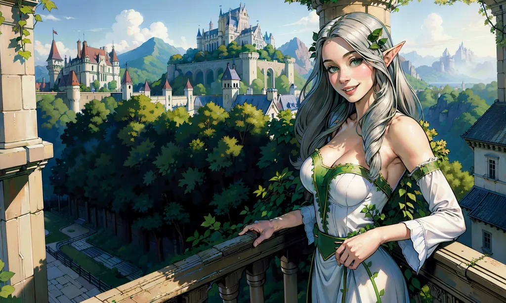 The image is of a beautiful elf woman with long silver hair and green eyes. She is wearing a white dress with a green corset and a green belt. She is standing on a balcony, leaning against a stone pillar. There is a large castle in the background and a forest to the left. The sky is blue and there are some clouds in the distance.