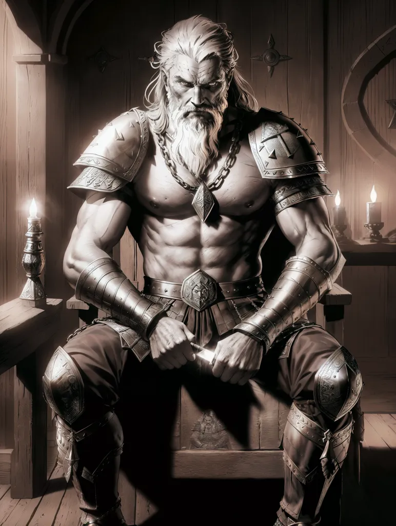 The image is of a muscular, bearded man with long white hair sitting on a wooden throne. He is wearing a loincloth and a breastplate, and has a sword in his hand. He is sitting in a hall with wooden beams and a wooden floor. There are two candles on a table next to him. The man has a stern expression on his face.