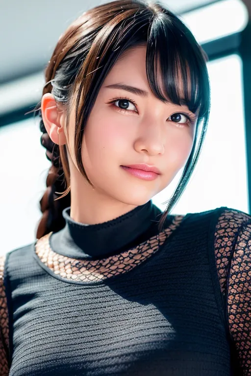 The image shows a young Japanese woman with long black hair, brown eyes, and a light skin tone. She is wearing a black turtleneck blouse with a fishnet design and has a braid on the left side of her head. She is looking at the camera with a serious expression. The background is blurred.