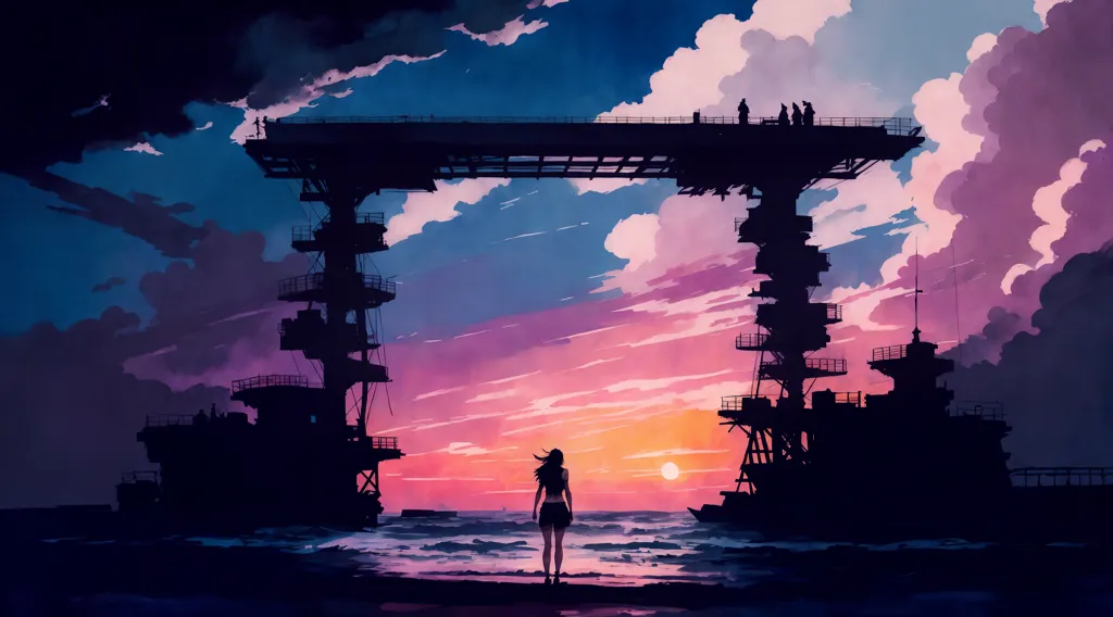 The image is a painting of a girl standing on a pier at sunset. The sky is a gradient of orange, pink, and blue, with clouds reflecting the warm colors. The girl is standing in front of a large structure, which appears to be a bridge or a dock. There are people on the bridge, and there are ships in the water behind the girl. The painting has a somewhat post-apocalyptic feel to it, as the structures are all in disrepair and the sky is dark and stormy.