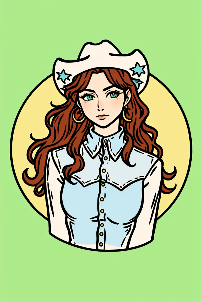 This is a drawing of a cowgirl. She has long red hair, blue eyes, and is wearing a white cowboy hat with blue stars, a blue button-up shirt, and gold earrings in the shape of hoops. She is also wearing a light yellow kerchief around her neck. The background of the image is a light green color.