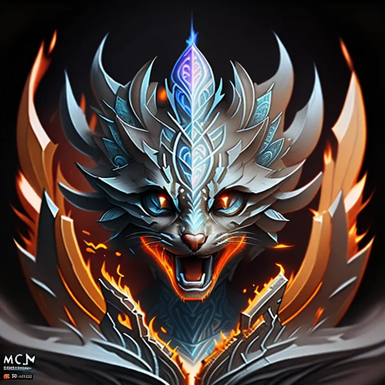 This image shows a cat-like creature with blue and silver fur. It has a crown on its head and is surrounded by flames. The creature's eyes are glowing orange, and it has a sharp-toothed grin on its face. It is wearing a suit of armor.