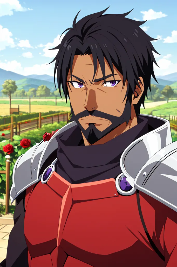 This is an image of a man with dark brown hair and purple eyes. He is wearing red and gray armor and has a serious expression on his face. He is standing in a field of flowers with a village in the background.