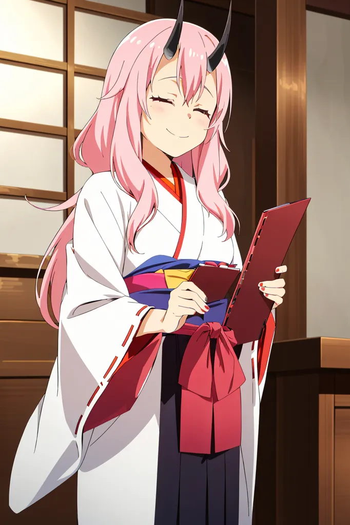 The image shows a young woman with pink hair and black horns wearing a white kimono with a red obi. She has a friendly smile on her face and is holding a book in her hands. She is standing in a traditional Japanese-style room with wooden walls and floors.