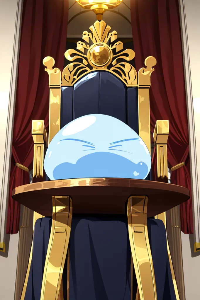 The image shows a slime sitting on a throne. The slime is blue and has a simple face with two eyes and a mouth. It is sitting on a golden table with a red cloth draped over it. The throne is also golden and has a red curtain behind it. The room is large and has a high ceiling. There is a golden chandelier hanging from the ceiling.