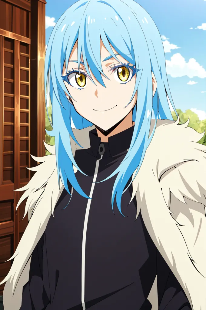 The image shows a young woman with blue hair and yellow eyes. She is wearing a black jacket with a white fur collar. The woman has a friendly smile on her face. She is standing in front of a wooden door.