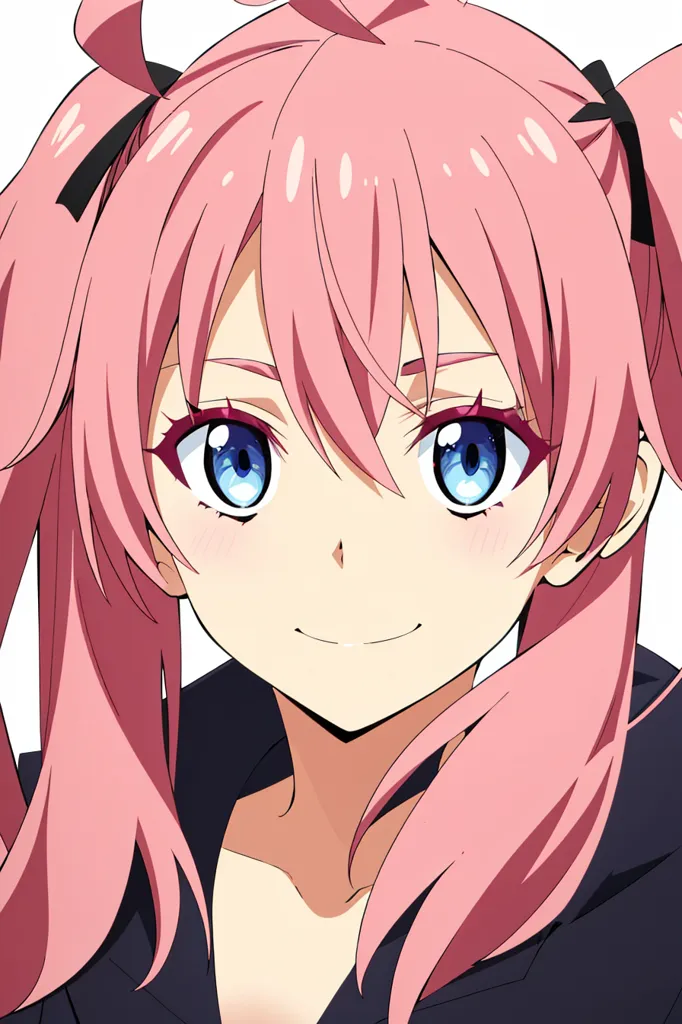 The image shows a young girl with pink hair and blue eyes. She has a friendly smile on her face and is looking at the viewer. She is wearing a black jacket with a white collar. Her hair is tied up in two ponytails with black bows. She has a small blush on her cheeks.