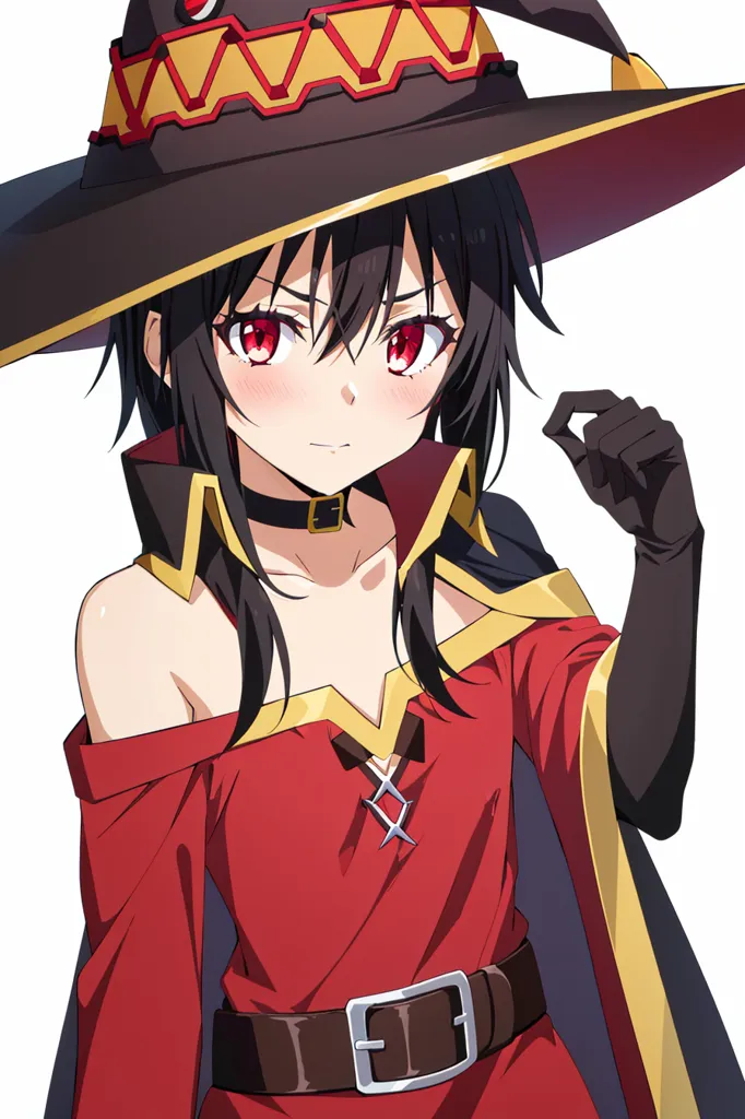 The image is of a young girl with long black hair and red eyes. She is wearing a red and brown witch's hat and a red dress with a white collar. She is also wearing a brown belt with a gold buckle. She has a shy expression on her face and is looking at the viewer with her head tilted slightly to the right.