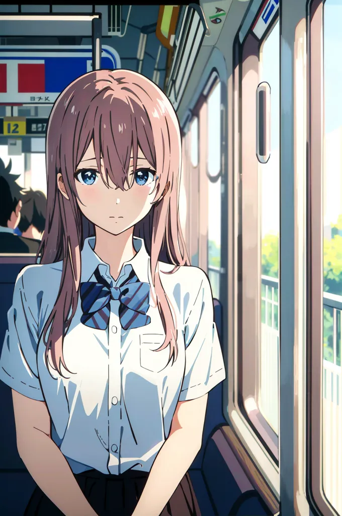 The image shows a girl with long brown hair and blue eyes. She is wearing a white shirt and a blue tie. She is sitting in a train and looking out the window. The train is moving through a city, and the girl is looking at the buildings and people passing by. The girl is alone in the train car, and she has a thoughtful expression on her face. She seems to be lost in thought, and the viewer is left to wonder what she is thinking about.