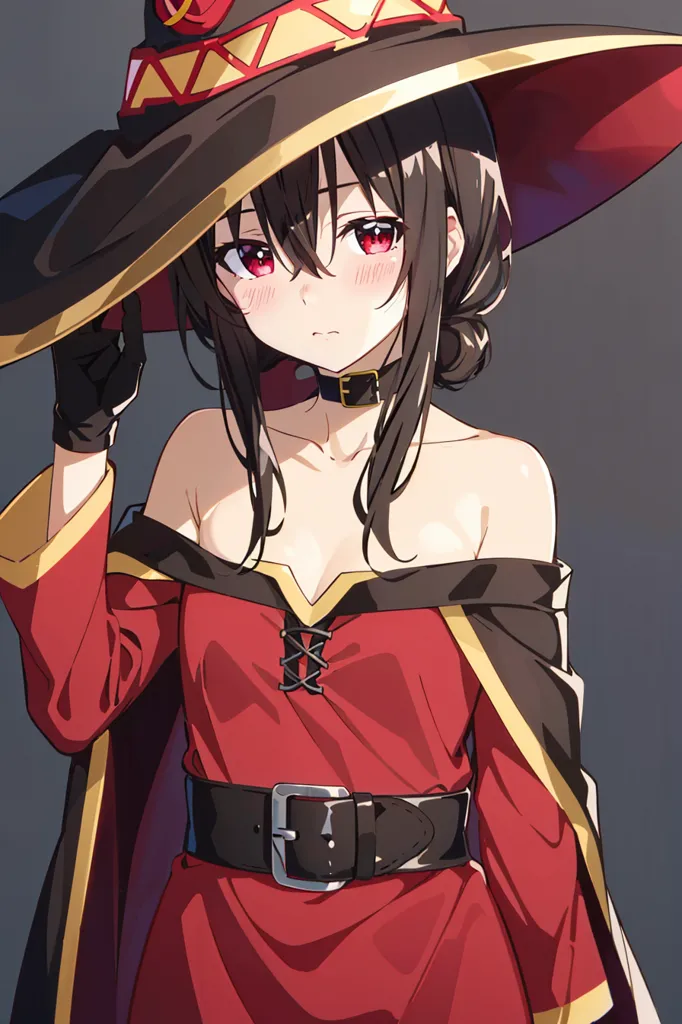 The image is of a young girl with long black hair and red eyes. She is wearing a red and black witch hat with a white ribbon, a red dress with a white collar, and a brown belt. She is also wearing black gloves. She is looking at the viewer with a shy expression on her face.