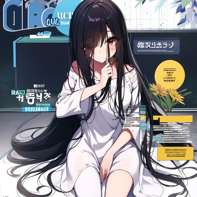 The image is of a girl with long black hair and red eyes. She is wearing a white dress and is sitting on a bed. The girl is looking at the viewer with a shy expression. There are some Japanese texts on the image.