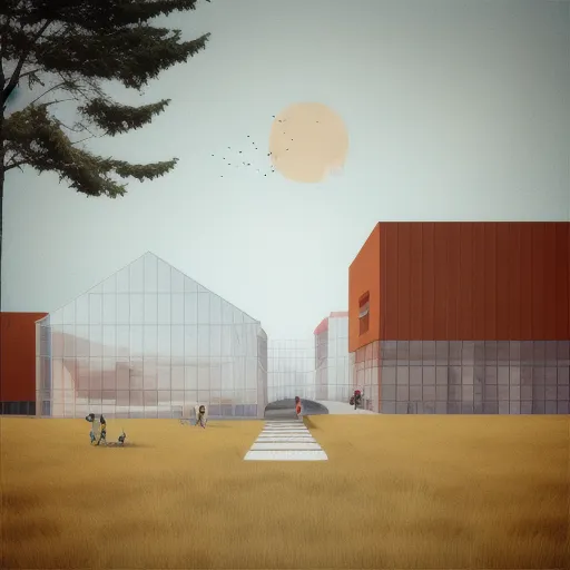 The image shows a modern school building with a large glass greenhouse attached to it. The exterior of the building is made of red brick and glass. There are a few trees and some grassy areas around the building. A path leads from the front of the building to the greenhouse. There are some children playing on the path. The sun is shining brightly in the sky. The image is in a cartoon style.