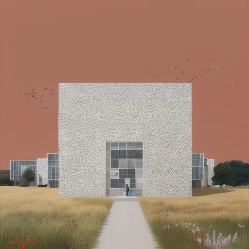 The image shows a large, white concrete building with a square base. The front of the building has a large glass door and several glass windows. There is a path leading up to the door. On either side of the path, there are tall grass and flowers. There is a tree to the right of the building. The sky is a gradient of orange and pink. There are birds flying in the sky.