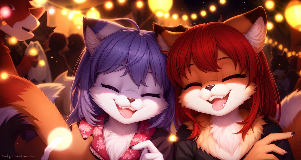 The image is of two cartoon fox girls at a festival. They are both smiling and have their arms around each other. The fox girl on the left has purple hair and is wearing a pink kimono with white and yellow floral designs. The fox girl on the right has red hair and is wearing a black dress with a white collar. There are many lights in the background and people walking around.