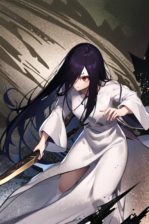 The image is of a young woman with long black hair and red eyes. She is wearing a white kimono and is holding a sword. She is standing in a dark, shadowy forest with a determined expression on her face.