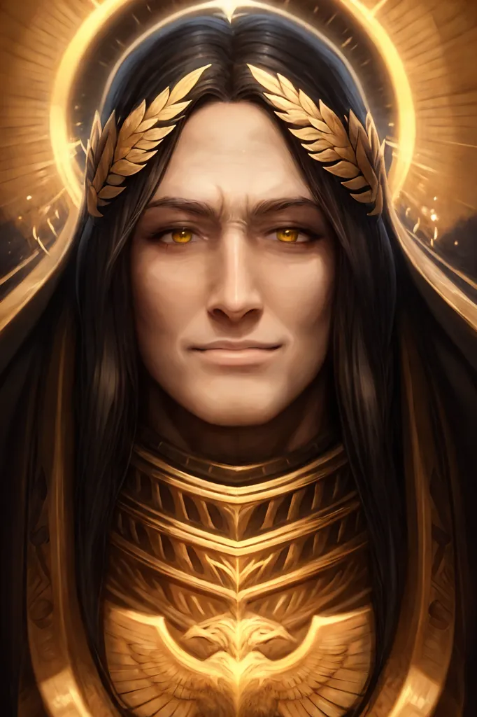 The image shows a man with long black hair and a golden laurel wreath on his head. He has golden eyes and a slight smile on his face. He is wearing a golden breastplate with an eagle-like creature in the center. The background is a bright light.