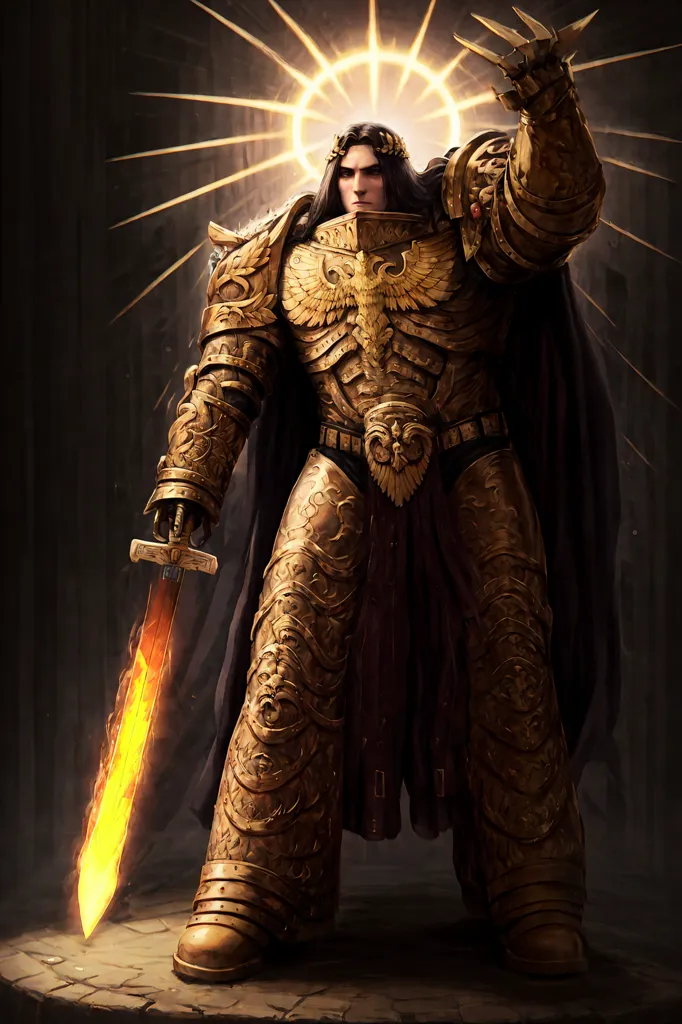 The image shows the Warhammer 40k character, the Emperor of Mankind. He is standing in a dark place, with a bright light shining from behind him. He is wearing golden armor and a red cape, and is holding a sword. He has long black hair and a beard, and his eyes are glowing white.