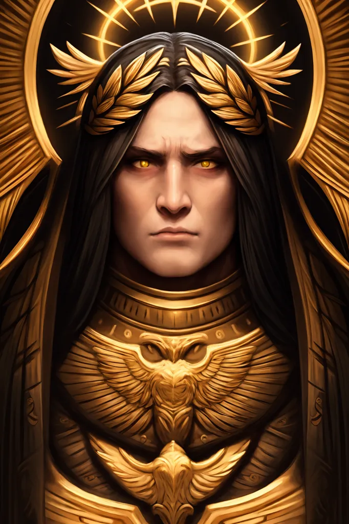 The image shows a man with long black hair and a golden laurel wreath on his head. He is wearing a golden armor with anAquila on the chest. He has a stern expression on his face and his eyes are glowing yellow. The background is dark with a golden halo around the man's head.