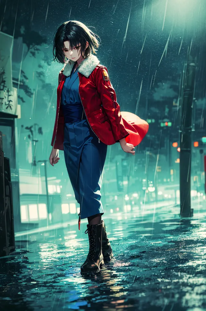 A imagem é de uma jovem mulher com cabelos curtos e pretos, usando um casaco vermelho e um vestido azul, caminhando na chuva. O fundo está desfocado, mas parece que ela está em uma cidade. A chuva está caindo pesadamente, e as roupas da mulher estão encharcadas. Ela tem uma expressão triste no rosto e parece estar perdida em pensamentos.